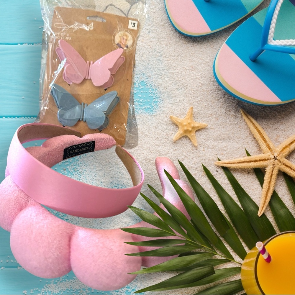 Two Pink Headbands with 2 Butterfly‎ Bag Clips